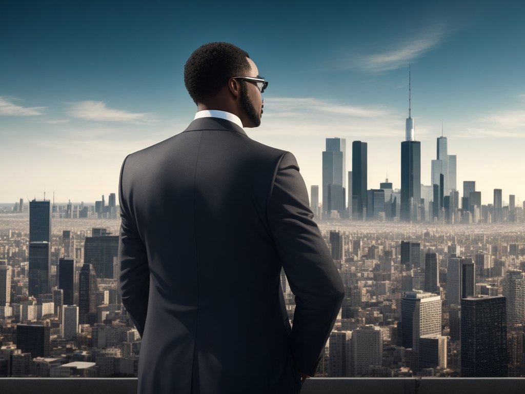 DreamShaper v5 A black Real Estate Agent stands atop a city s 1